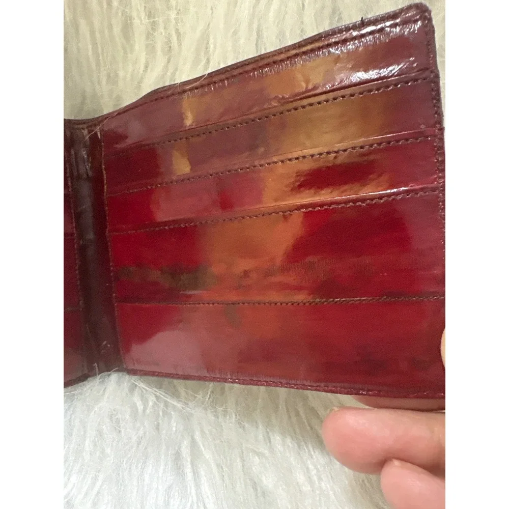 Vintage Genuine Eel Skin Bifold Wallet Burgundy Red Exotic Leather Glossy Slim